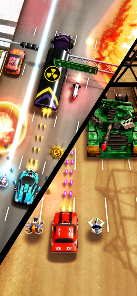 Chaos Road: 3D Car Racing Game - High speed car combat and shooting gameplay in Chaos Road 3D with explosions and boss battles