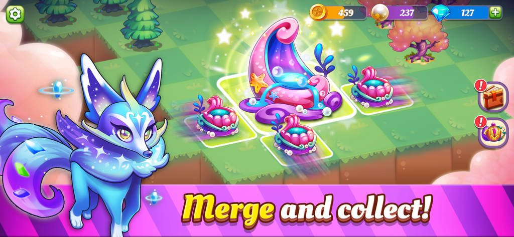 Wonder Merge - A mystical blue cosmic fox stands beside seashell items being merged in a green meadow