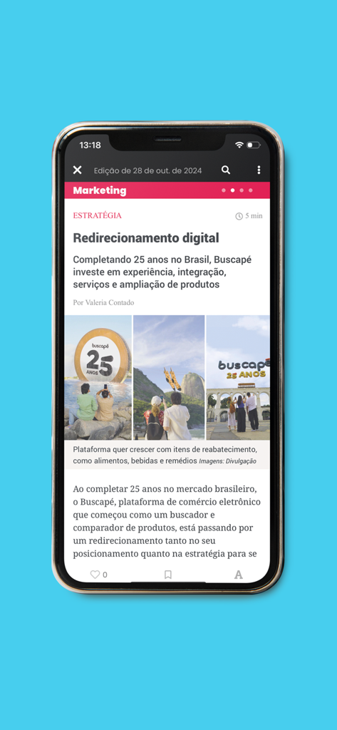 Smartphone screen showing the Meio e Mensagem app with an article about marketing strategy.