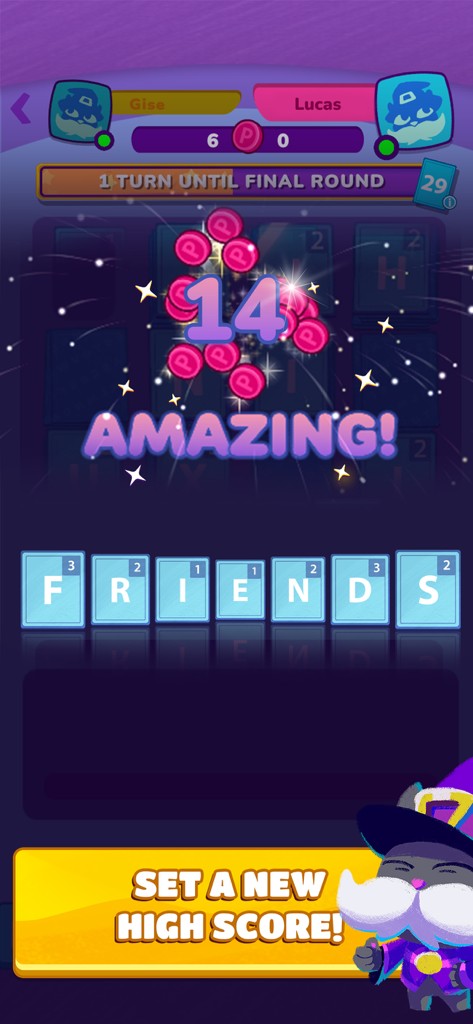 Gibberish: Word game & friends - Una pantalla de juego del juego de palabras Gibberish que muestra la palabra AMIGOS escrita con cartas y una notificación de puntuación alta.