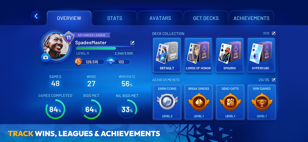 Spades Masters player profile screen showing game statistics achievements and card deck collection