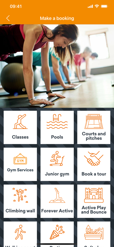 Places Leisure - Pantalla de reserva para la aplicación Places Leisure que muestra iconos de clases, piscinas y canchas deportivas.