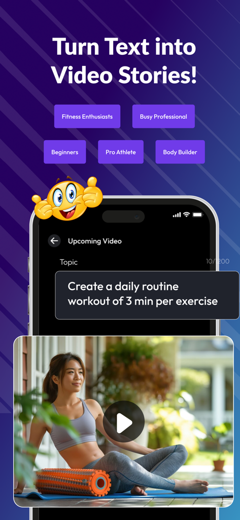 Text to Video AI Generator - Mobile app interface showing a text prompt for a workout routine being converted into an AI generated fitness video