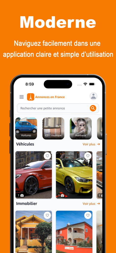 Pantalla de inicio de la aplicación móvil Anuncios en Francia mostrando anuncios clasificados de vehículos e inmuebles