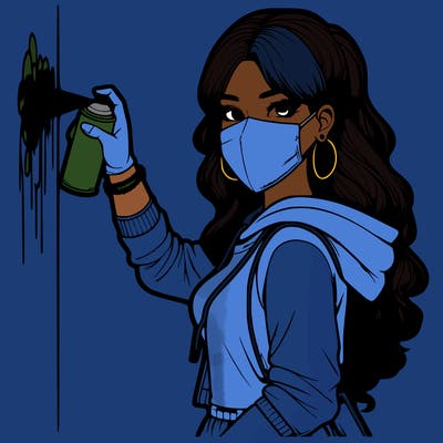 realistic girl with mask spray painting a wall