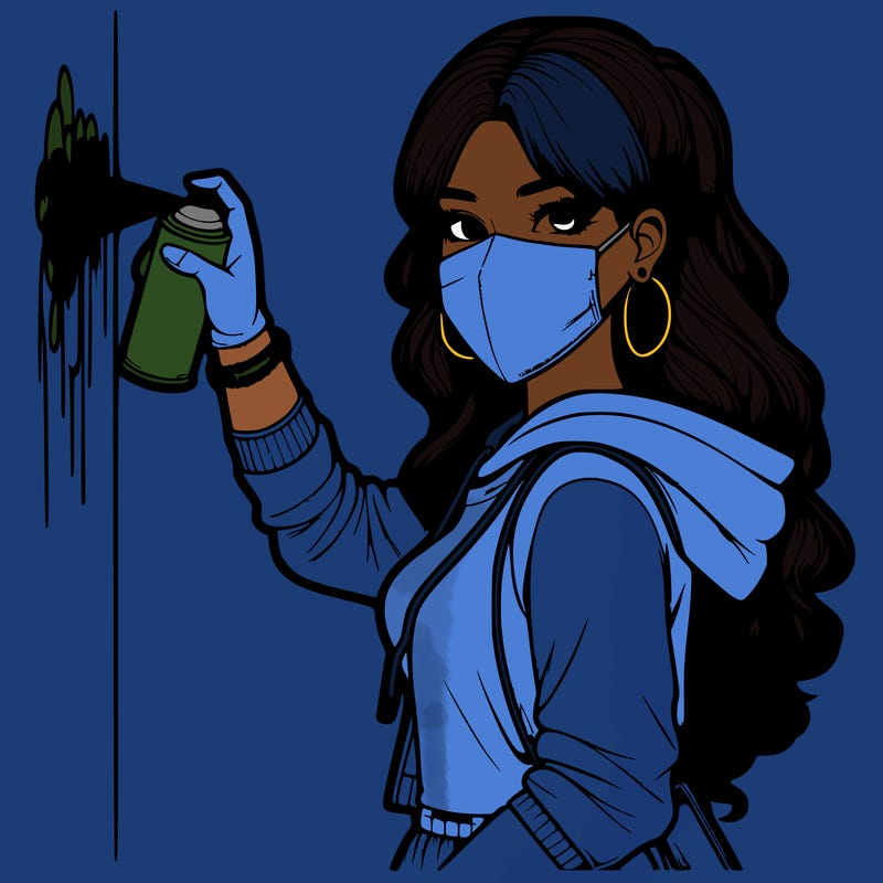 realistic girl with mask spray painting a wall