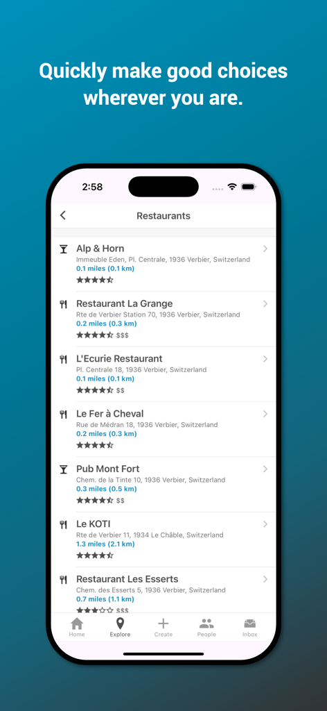 Una lista de restaurantes locales con calificaciones y distancias que se muestran en la aplicación móvil Tripline