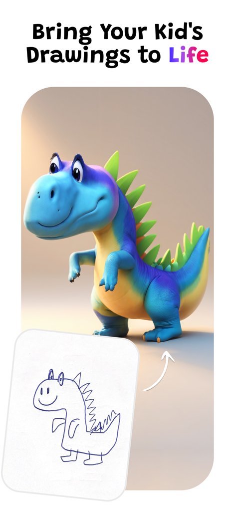 Drawings Alive AI: Sketch & 3D - A simple child's dinosaur sketch transformed into a vibrant 3D AI character