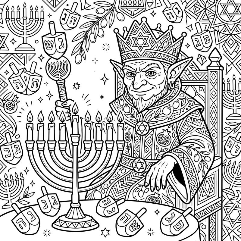 Discover a truly unique holiday coloring experience with our Goblin King Hanukkah page. This intricate design blends fantasy royalty with traditional Hanukkah symbols, promising hours of creative joy.