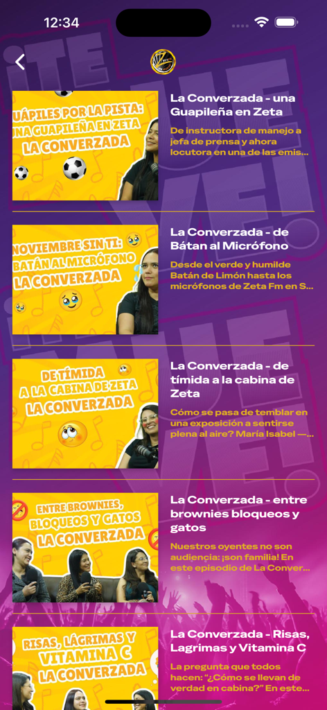 ZFM 95.1 - ZFM 95.1 mobile app showing a list of La Converzada radio episodes.