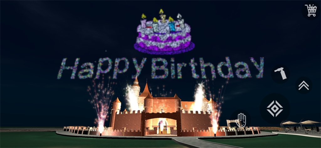 Happy Birthday text and cake fireworks above a 3D castle