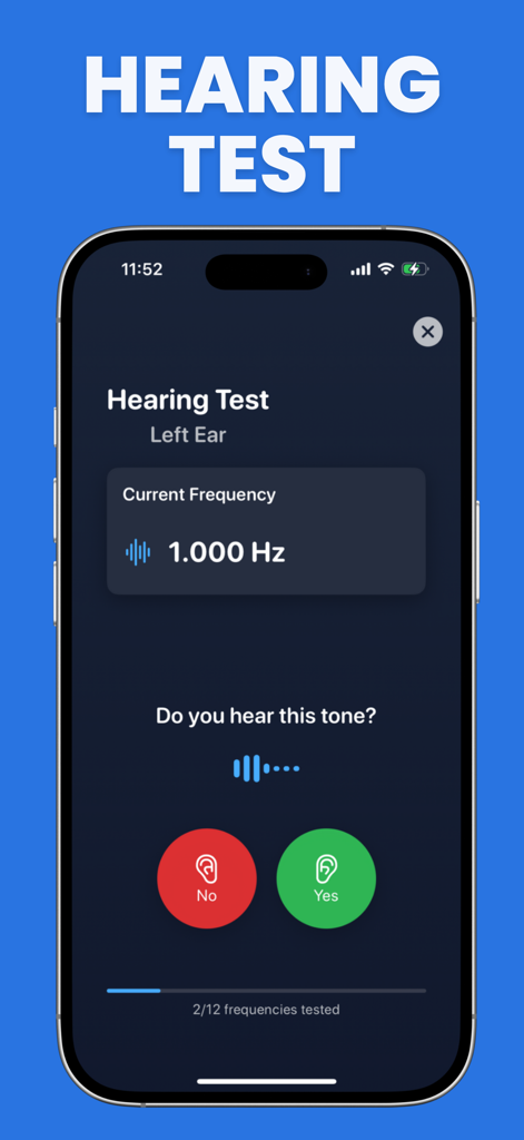 Interface de um teste auditivo em um aplicativo de iPhone mostrando detecção de frequência e botões de resposta.