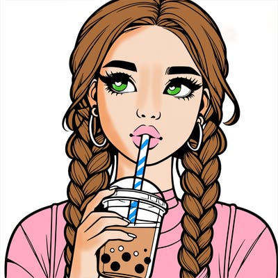 realistic girl with braided hair drinking boba