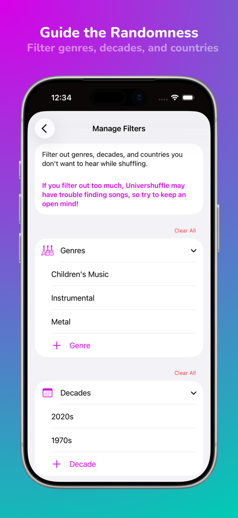 Univershuffle: Discover Music - iPhone interface of the Univershuffle app showing the Manage Filters screen where users can select music genres and decades