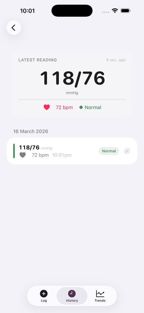 One Tap Blood Pressure - ワンタップ血圧アプリの履歴画面。118/76の正常な血圧測定値が大きなクリアな文字で表示されています。