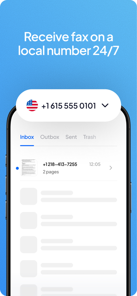 Fax.Plus mobile app interface showing a received fax on a local US number