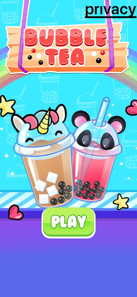 Bubble Tea Simulator - Main menu of Bubble Tea Simulator showing cute unicorn and panda themed boba tea cups with a green play button