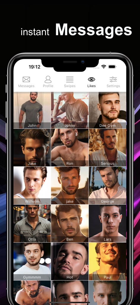 Smartphone mostrando una cuadrícula de perfiles de usuarios masculinos en la sección de Likes de la app de citas gay Catscha