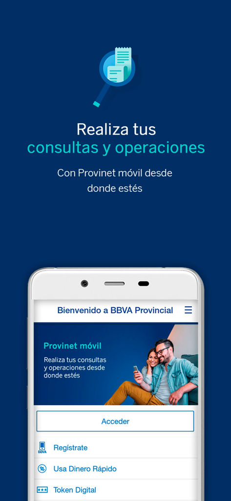 BBVA Provinet Móvil | VE - Écran de connexion de l'application bancaire BBVA Provinet Movil pour les utilisateurs vénézuéliens.
