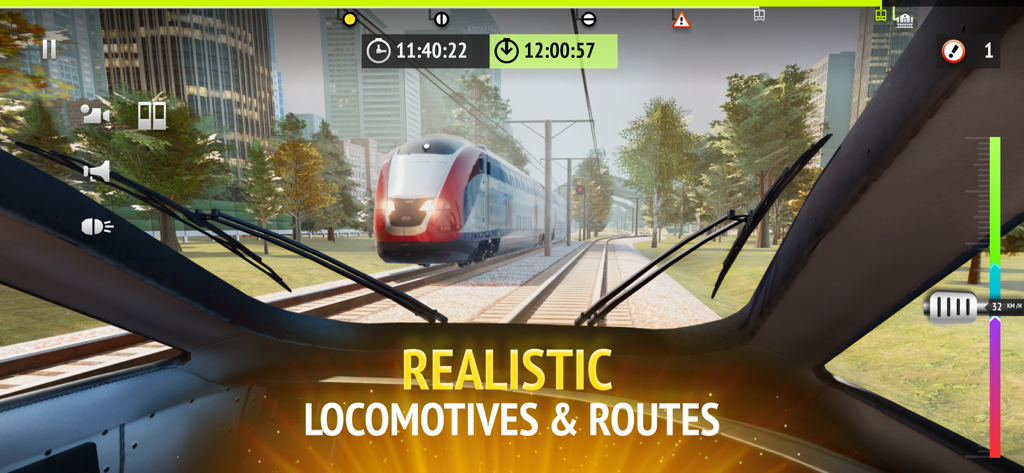 Interior view from a train driver cabin in the High Speed Trains Railroad simulation game showing realistic tracks and locomotives