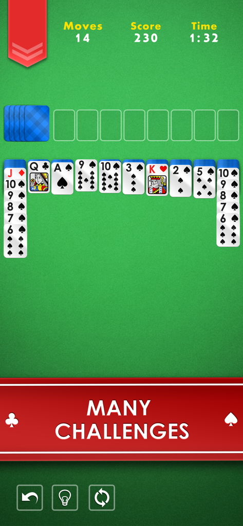 Spider Solitaire - Game - Interfaz de juego de Spider Solitaire con pilas de cartas y un banner de Muchos Desafíos