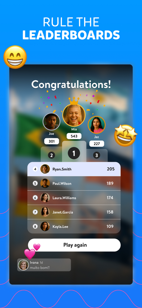 Captura de pantalla de la aplicación Trivia Crack Premium que muestra el podio de la tabla de clasificación global con los jugadores mejor clasificados y sus puntuaciones.