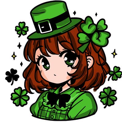 a manga-style girl with clovers around her, a little hat in her hair, like it's saint patrick's day
