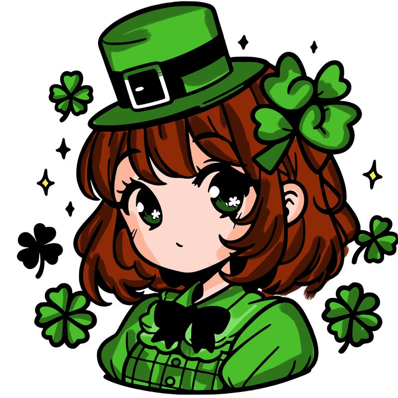 a manga-style girl with clovers around her, a little hat in her hair, like it's saint patrick's day