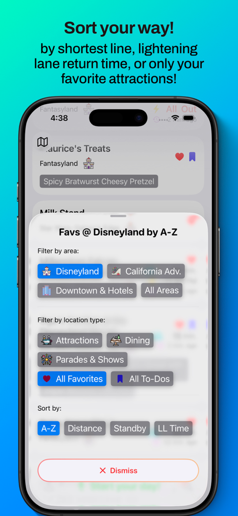 MagicMapper for Disneyland - Interfaz de la aplicación MagicMapper mostrando opciones de ordenación y filtrado para atracciones y restaurantes de Disneyland