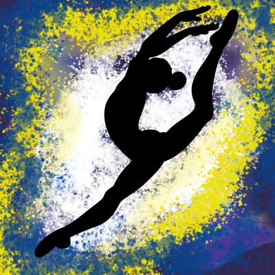 gymnast doing a leap in a leotard with a bent back leg