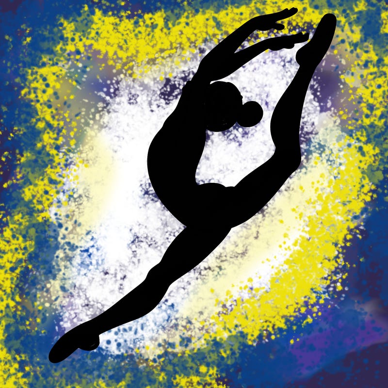 gymnast doing a leap in a leotard with a bent back leg