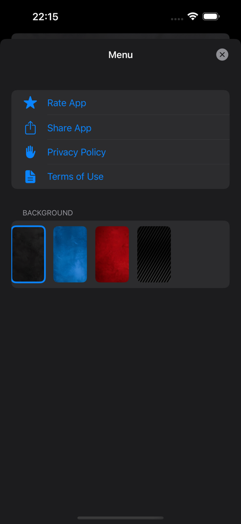 Lie Detector Test Scan - Settings menu of the Lie Detector Test Scan app showing background theme selection and app options.