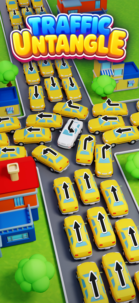 Traffic Untangle: Puzzle Roads - Un juego de puzzles 3D estilo juguete que presenta un atasco de coches amarillos y blancos en una carretera con flechas direccionales