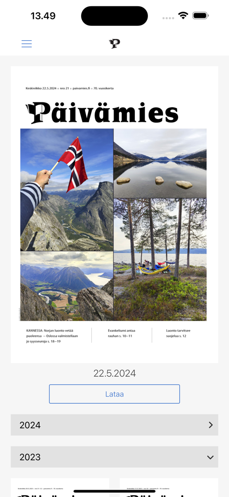 Päivämies - Interfaz de la aplicación Päivämies que muestra la portada de una revista digital con fotos de la naturaleza y años de archivo