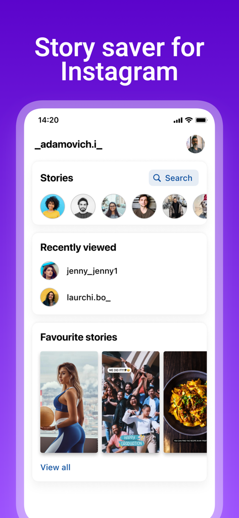 Interfaccia dell'app Instory con navigazione storie e contenuti preferiti salvati