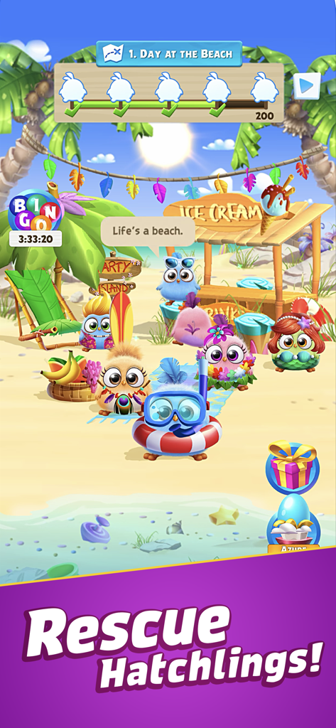 Cute Hatchlings in summer outfits on a tropical beach in Angry Birds Match 3