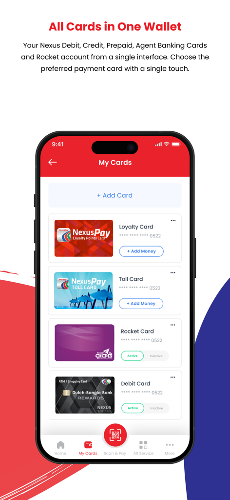 Interfaz de la aplicación NexusPay que muestra la sección Mis Tarjetas con diferentes tarjetas digitales administradas en una sola billetera