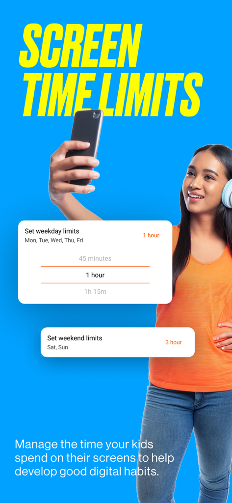 Boost Family Guard - interface showing weekday and weekend screen time limit settings in the boost family guard app