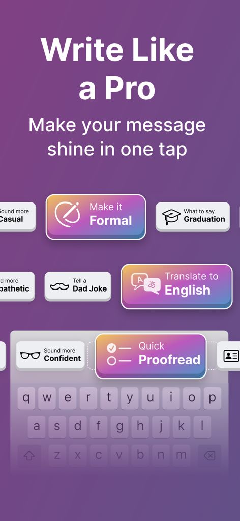 Interfaz de la aplicación Smart Keys que muestra herramientas de escritura IA como ajuste de tono formal y corrección rápida