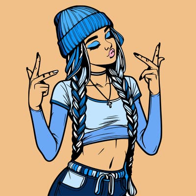 realistic teenage girl with braids and a beanie and crop top doing 🫶🏼