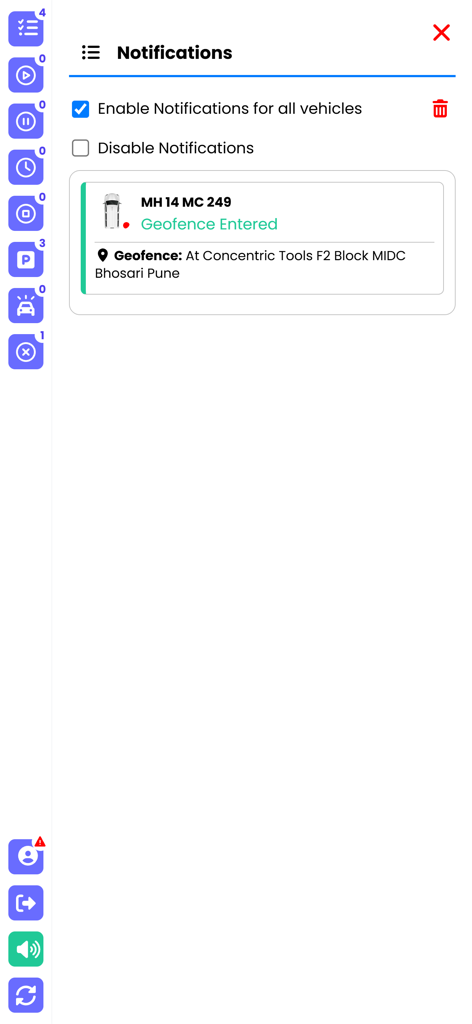 GPS India - Notifications screen of GPS India app showing a geofence entry alert for a vehicle