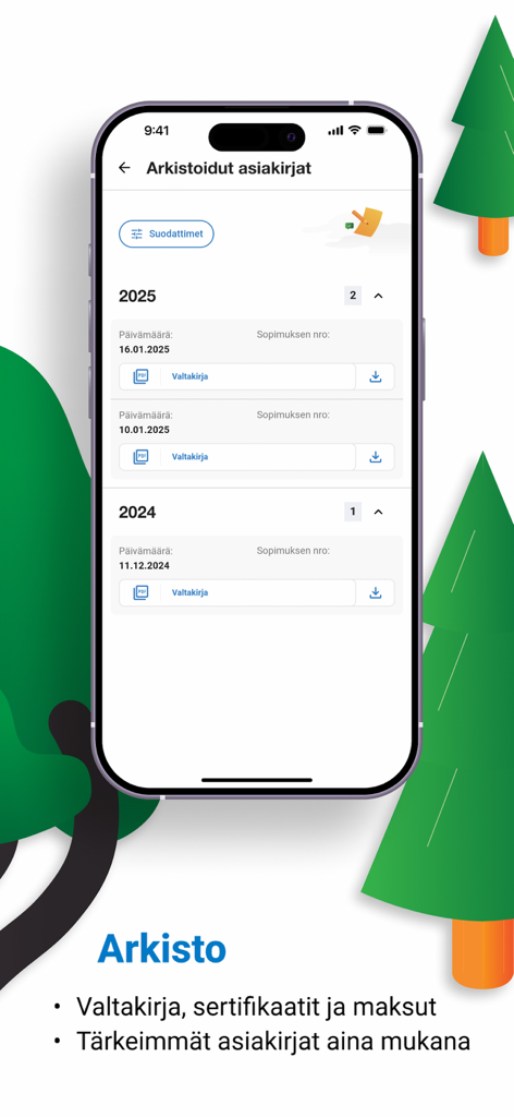 eMetsä Mobiili - Lista de documentos e certificados florestais arquivados no aplicativo eMetsä Mobiili