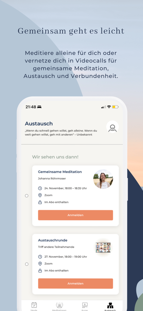 Achtsamkeitsakademie - Smartphone-Anzeige der Achtsamkeitsakademie-App mit Gemeinschaftsmeditationssitzungen und Austauschrunden
