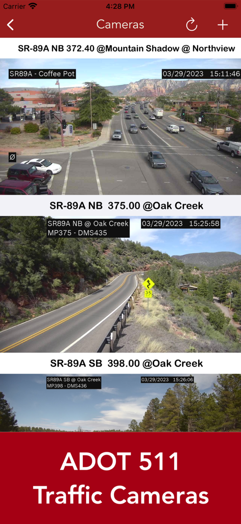 ADOT 511 Traffic Cameras - Screenshot of ADOT 511 Traffic Cameras app showing live road feeds from Arizona highways