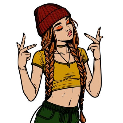 realistic teenage girl with braids and a beanie and crop top doing 🫶🏼