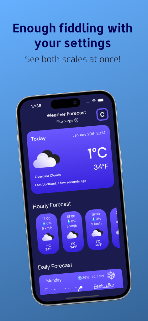 DualTemp Weather - DualTemp Weather app interface on an iPhone displaying simultaneous temperature readings in Celsius and Fahrenheit for Pittsburgh