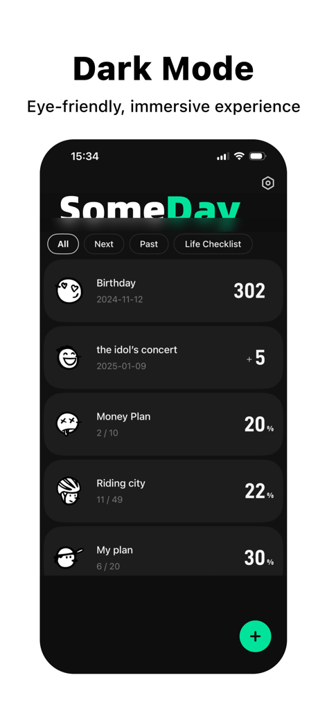 Minimalist dark mode interface of the SomeDay app showing countdowns and progress bars for life goals
