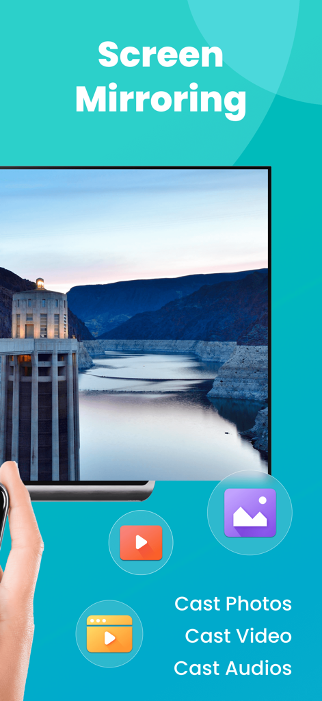 Miracast: Screen Mirroring TV - Miracast app interface showing screen mirroring and options to cast photos videos and audio to a smart TV