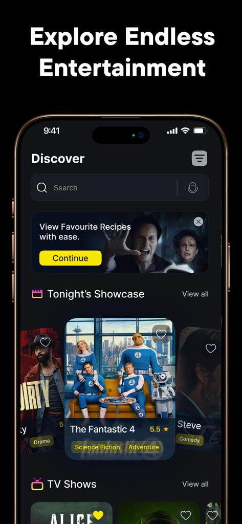 Pantalla de descubrimiento de la aplicación ItsMovinActors que muestra recomendaciones de películas y 'El Showcase de Hoy'.