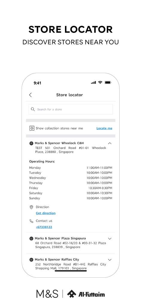 M&S ASIA – Fashion & Food - M&S ASIA app store locator interface with store addresses and opening hours